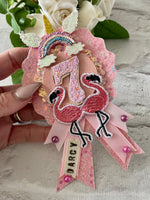 Pink flamingo age and name birthday rosette