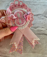 Pink butterfly age princess birthday badge