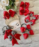 Red and grey school hair bows