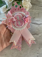 Pink butterfly age princess birthday badge