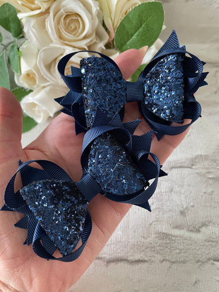 Navy glitter hair bow