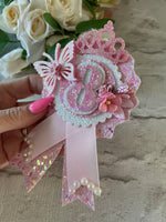 Pink butterfly age princess birthday badge