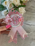 Pink butterfly age princess birthday badge