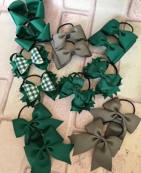 green and grey school hair bows