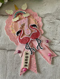 Pink flamingo age and name birthday rosette